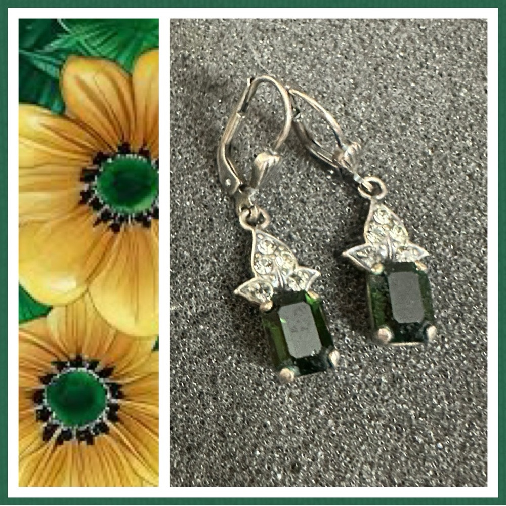 Emerald Green Cut Crystals  Lever Back Earrings - Pewter Tone